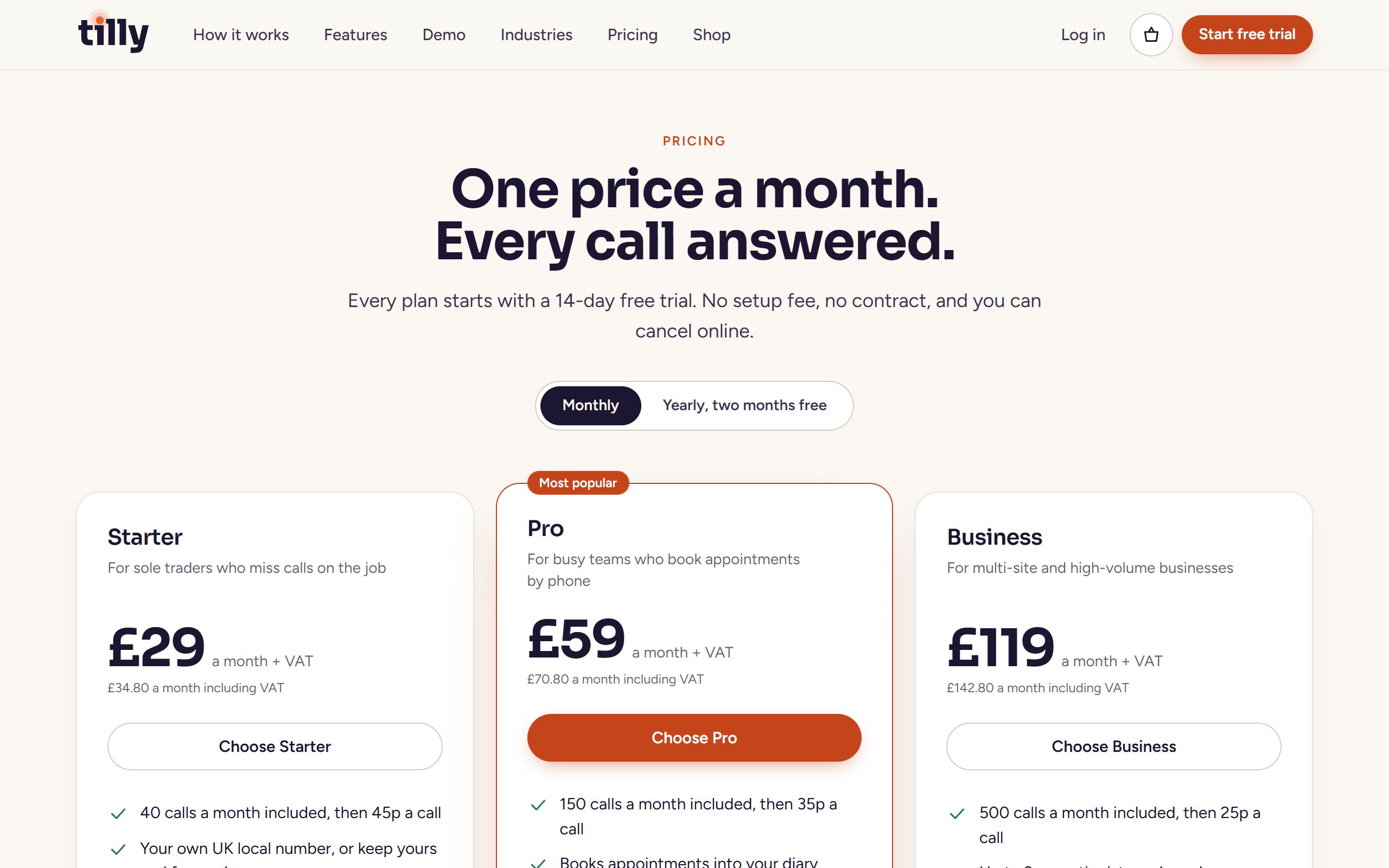 The pricing page with the Starter, Pro and Business plans