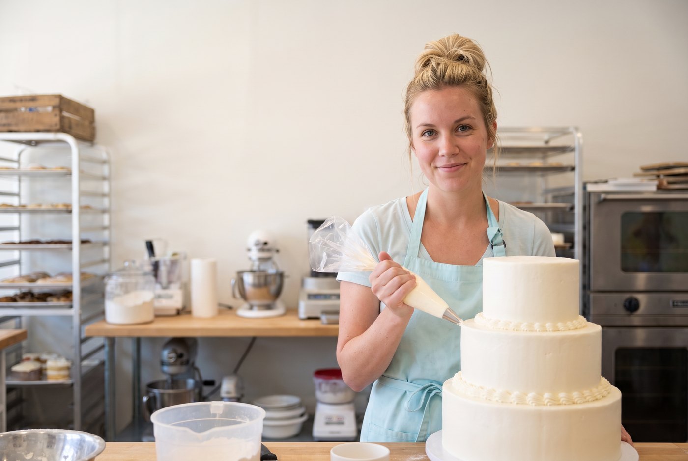 A baker piping icing onto a three tier wedding cake