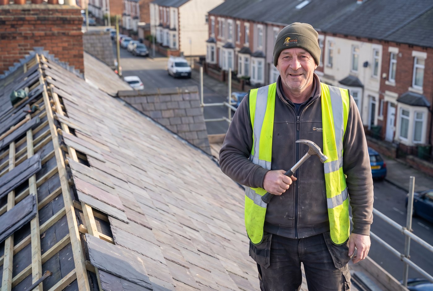 A roofer in a hi-vis vest waving his hammer from a roof