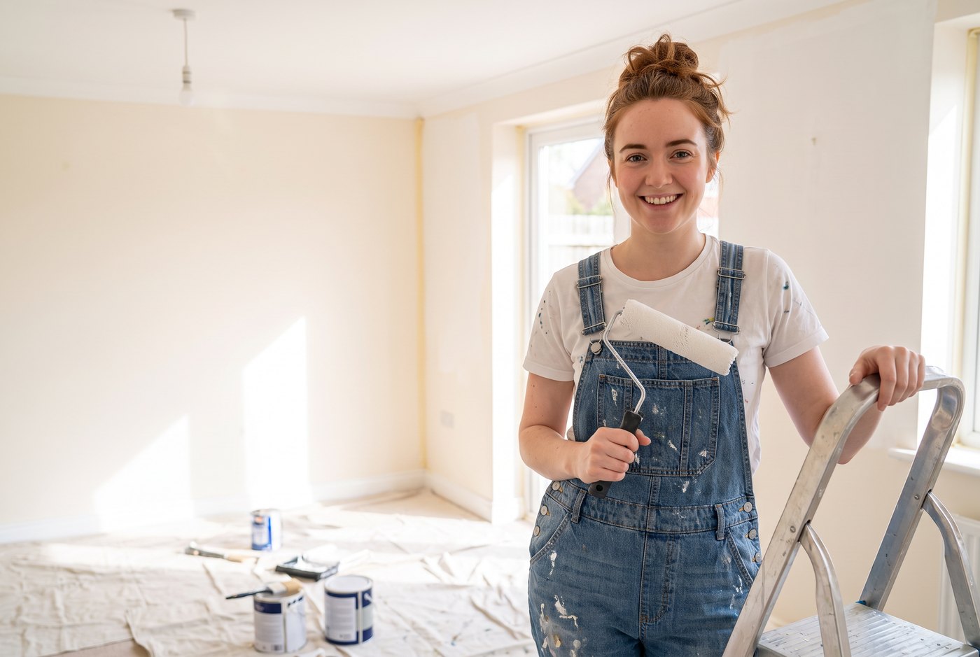 A decorator on a stepladder painting a ceiling white with a roller
