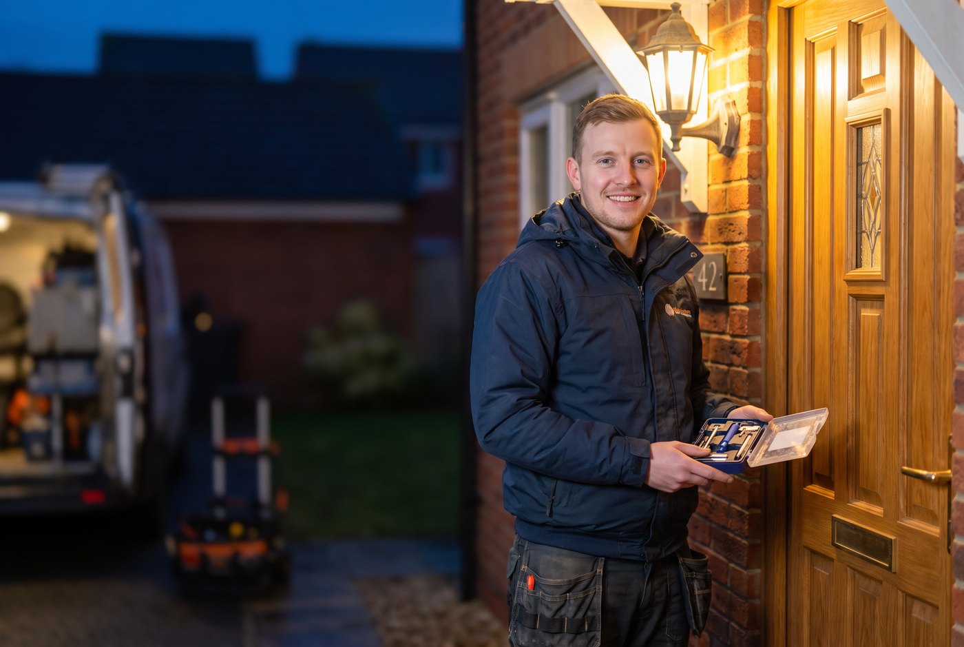 A locksmith at a front door at night with the relieved householder behind him