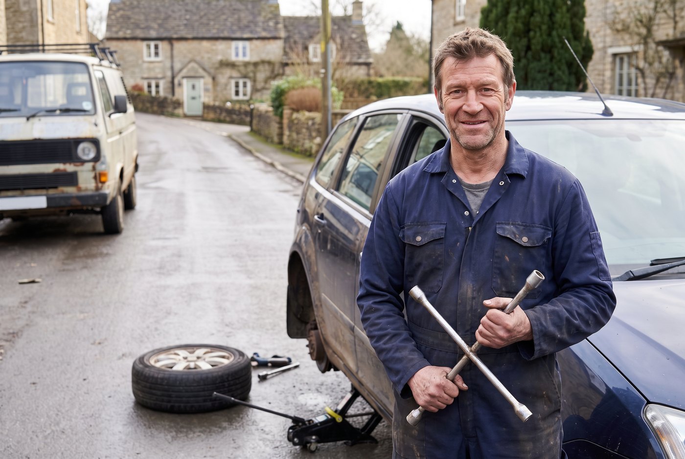 A mobile mechanic kneeling beside a car at the side of a village road